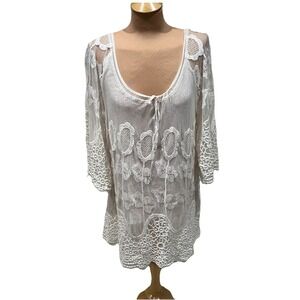 XCVI Women's Medium White Mesh Crochet Embroidered Pullover Tunic Lined Ethereal